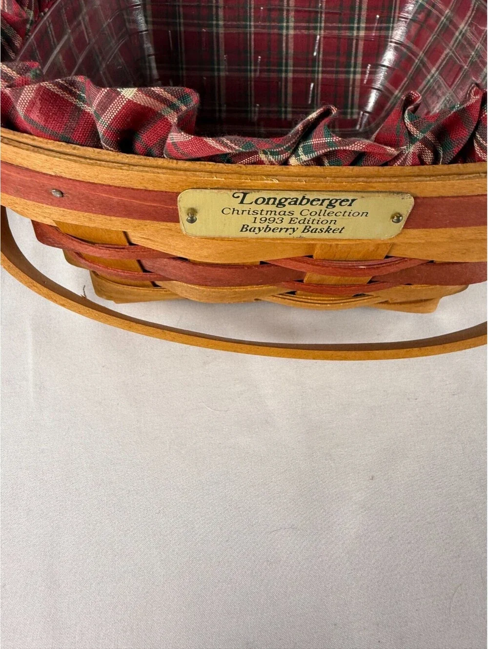 1993 Longaberger Bayberry Basket Christmas Red Trim w/Plaid Liner & Protector